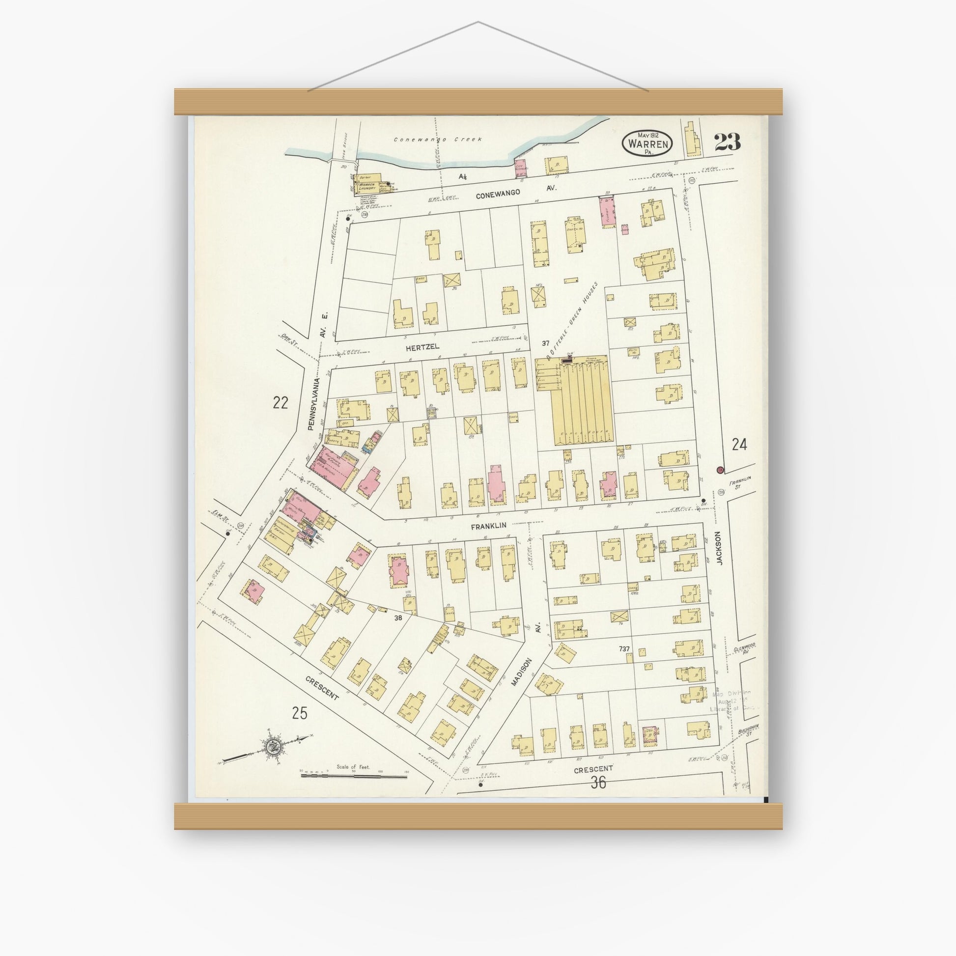 Old map wall art mockup — magnetic wood frame on white wall — Sanborn Fire Insurance Map from Warren, Warren County, Pennsylvania (1912), Sheet #0023