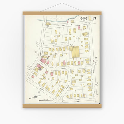 Old map wall art mockup — magnetic wood frame on white wall — Sanborn Fire Insurance Map from Warren, Warren County, Pennsylvania (1912), Sheet #0023