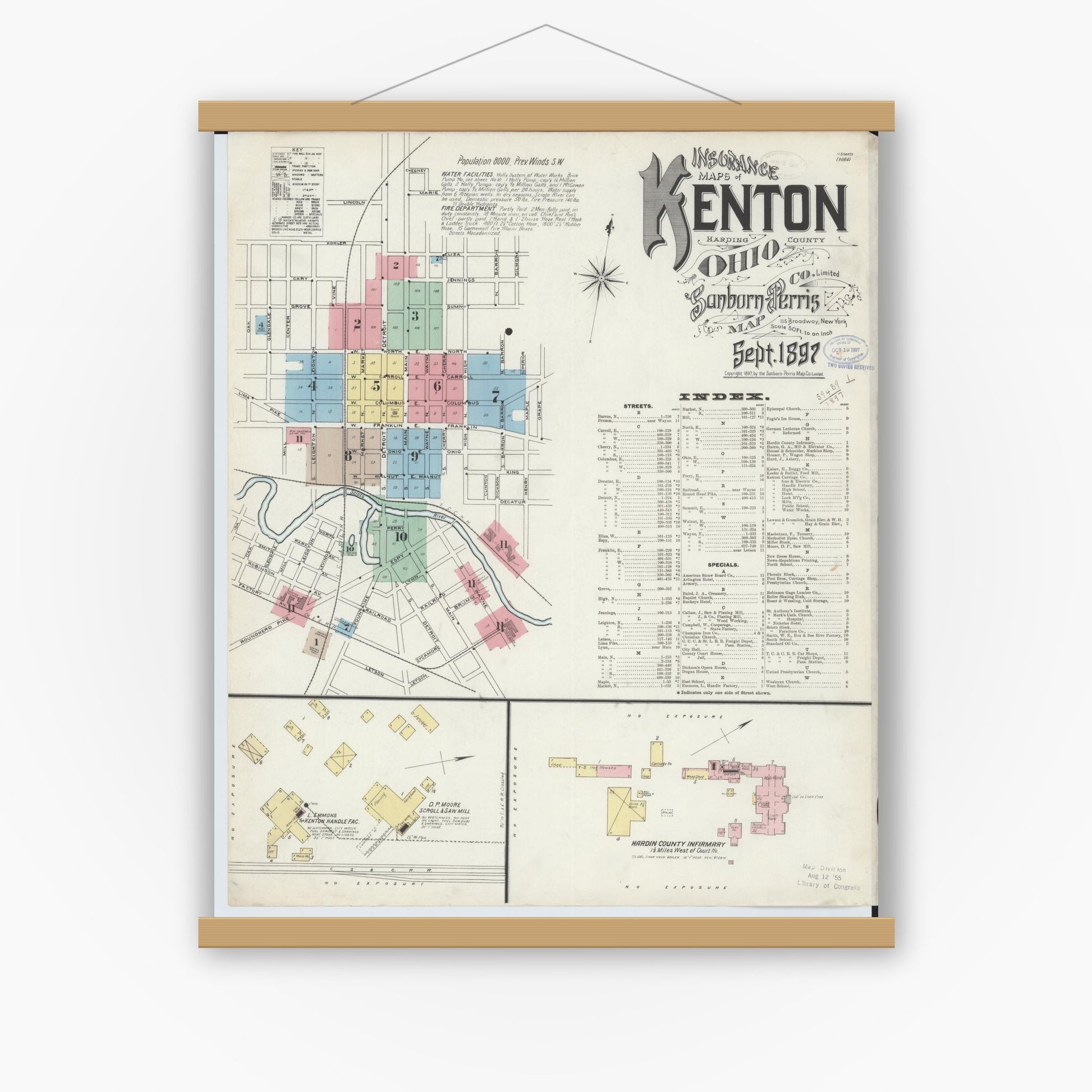 Old map wall art mockup — magnetic wood frame on white wall — Sanborn Fire Insurance Map from Kenton, Hardin County, Ohio (1897), Sheet #0001