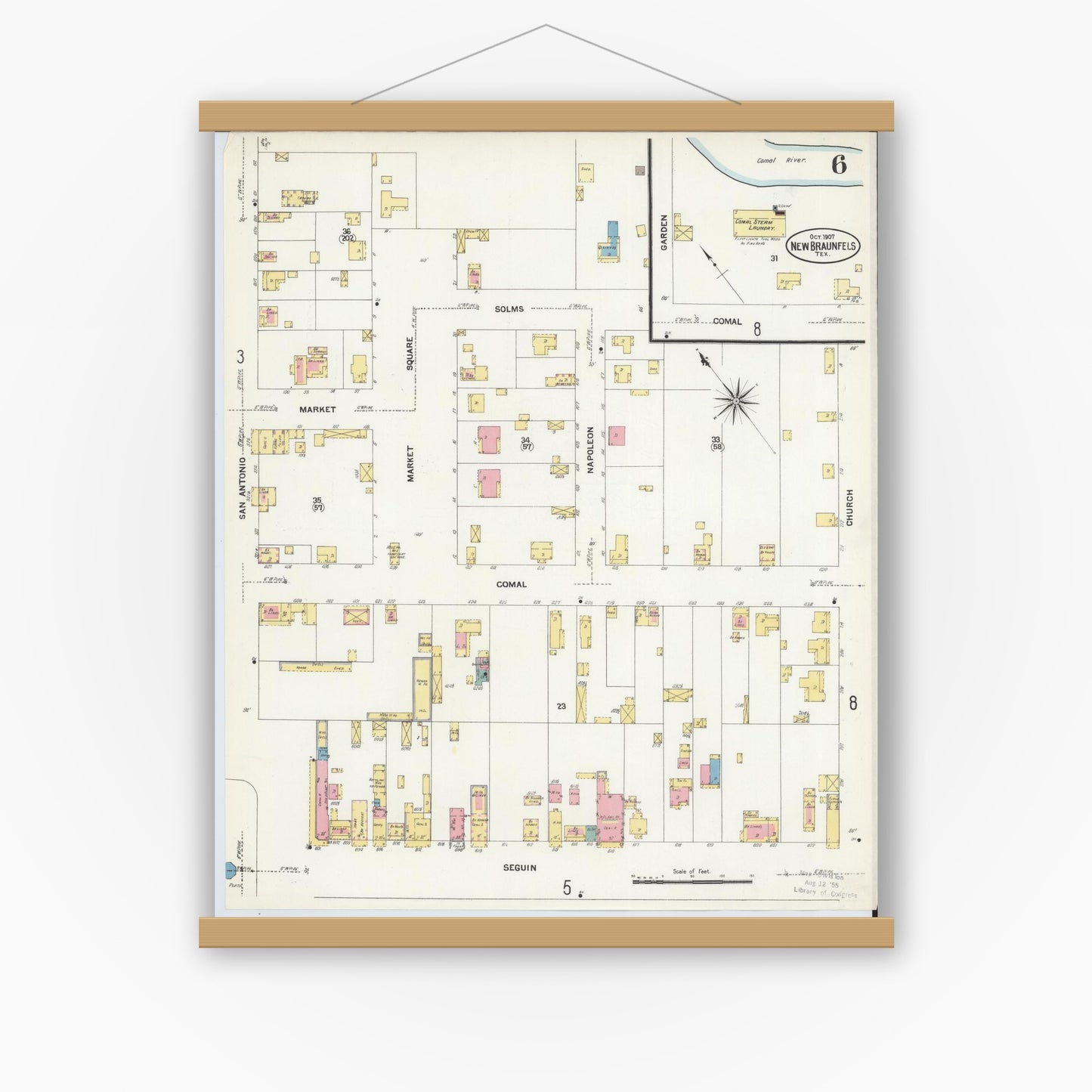 Old map wall art mockup — magnetic wood frame on white wall — Sanborn Fire Insurance Map from New Braunfels, Comal County, Texas (1907), Sheet #0006