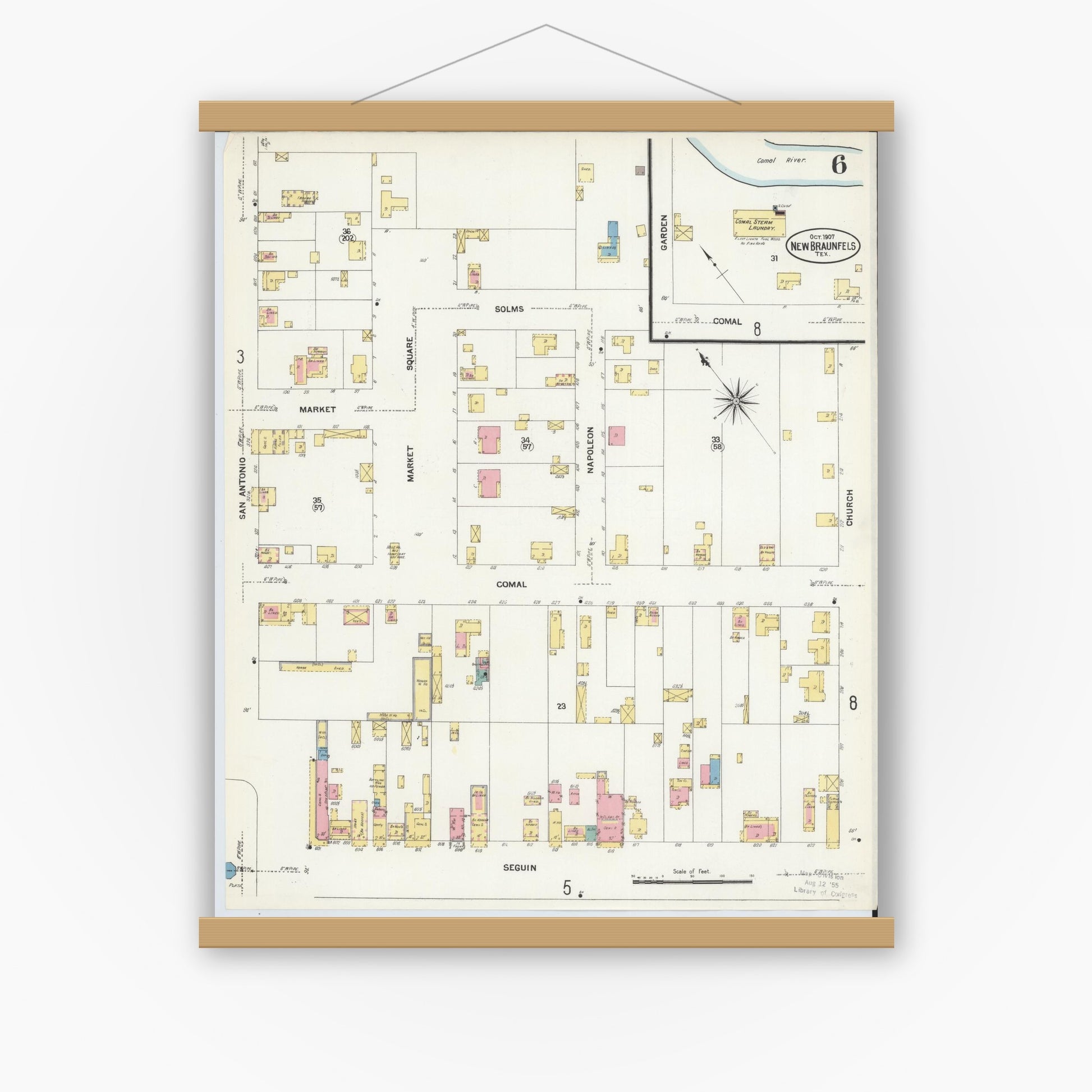 Old map wall art mockup — magnetic wood frame on white wall — Sanborn Fire Insurance Map from New Braunfels, Comal County, Texas (1907), Sheet #0006