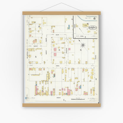 Old map wall art mockup — magnetic wood frame on white wall — Sanborn Fire Insurance Map from New Braunfels, Comal County, Texas (1907), Sheet #0006