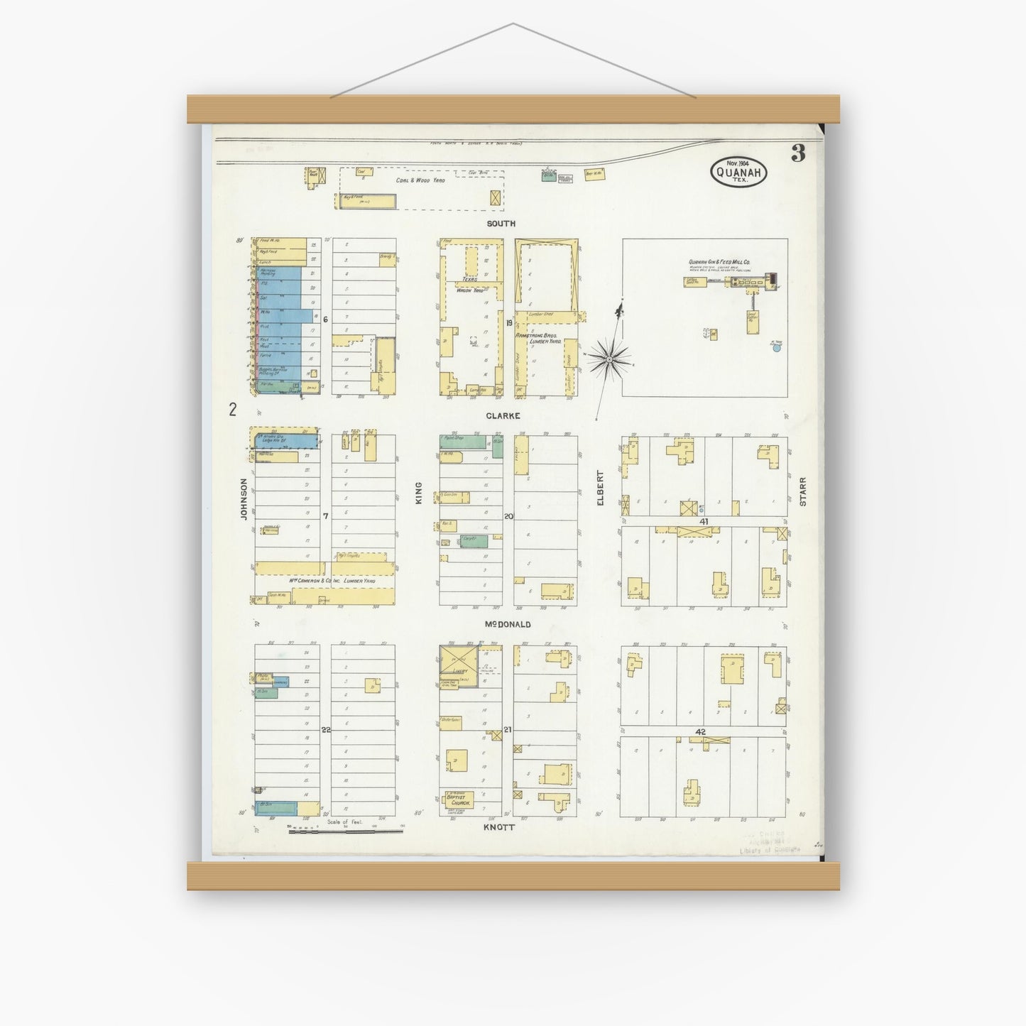 Old map wall art mockup — magnetic wood frame on white wall — Sanborn Fire Insurance Map from Quanah, Hardeman County, Texas (1904), Sheet #0003