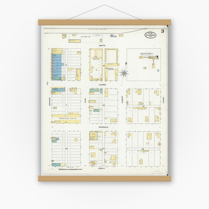 Old map wall art mockup — magnetic wood frame on white wall — Sanborn Fire Insurance Map from Quanah, Hardeman County, Texas (1904), Sheet #0003
