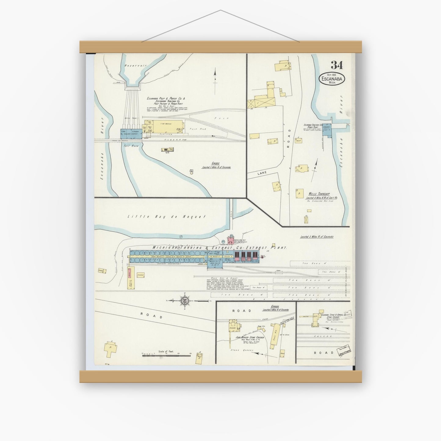 Old map wall art mockup — magnetic wood frame on white wall — Sanborn Fire Insurance Map from Escanaba, Delta County, Michigan (1913), Sheet #0034