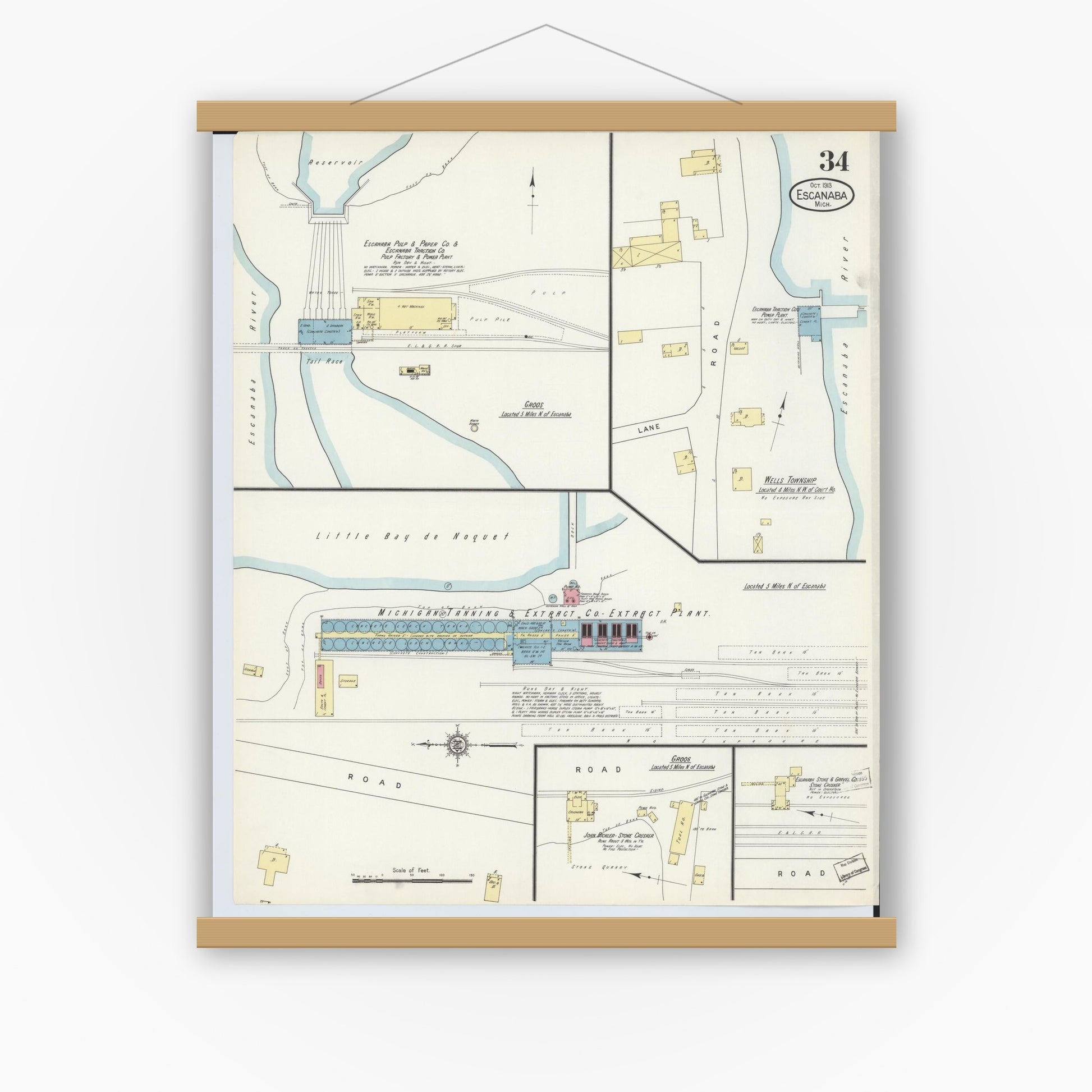 Old map wall art mockup — magnetic wood frame on white wall — Sanborn Fire Insurance Map from Escanaba, Delta County, Michigan (1913), Sheet #0034