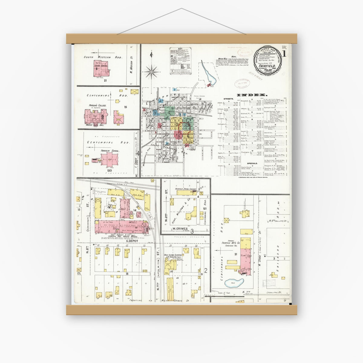 Old map wall art mockup — magnetic wood frame on white wall — Sanborn Fire Insurance Map from Fairfield, Jefferson County, Iowa (1899) â€” Complete Set