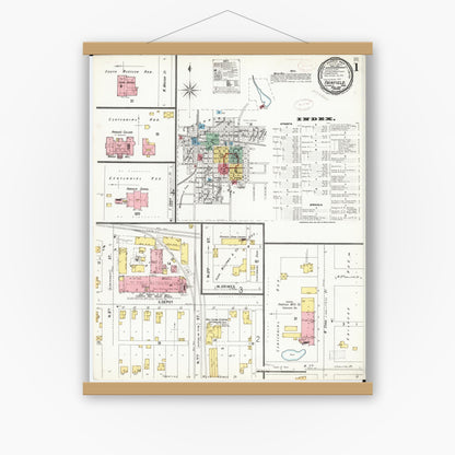 Old map wall art mockup — magnetic wood frame on white wall — Sanborn Fire Insurance Map from Fairfield, Jefferson County, Iowa (1899) â€” Complete Set