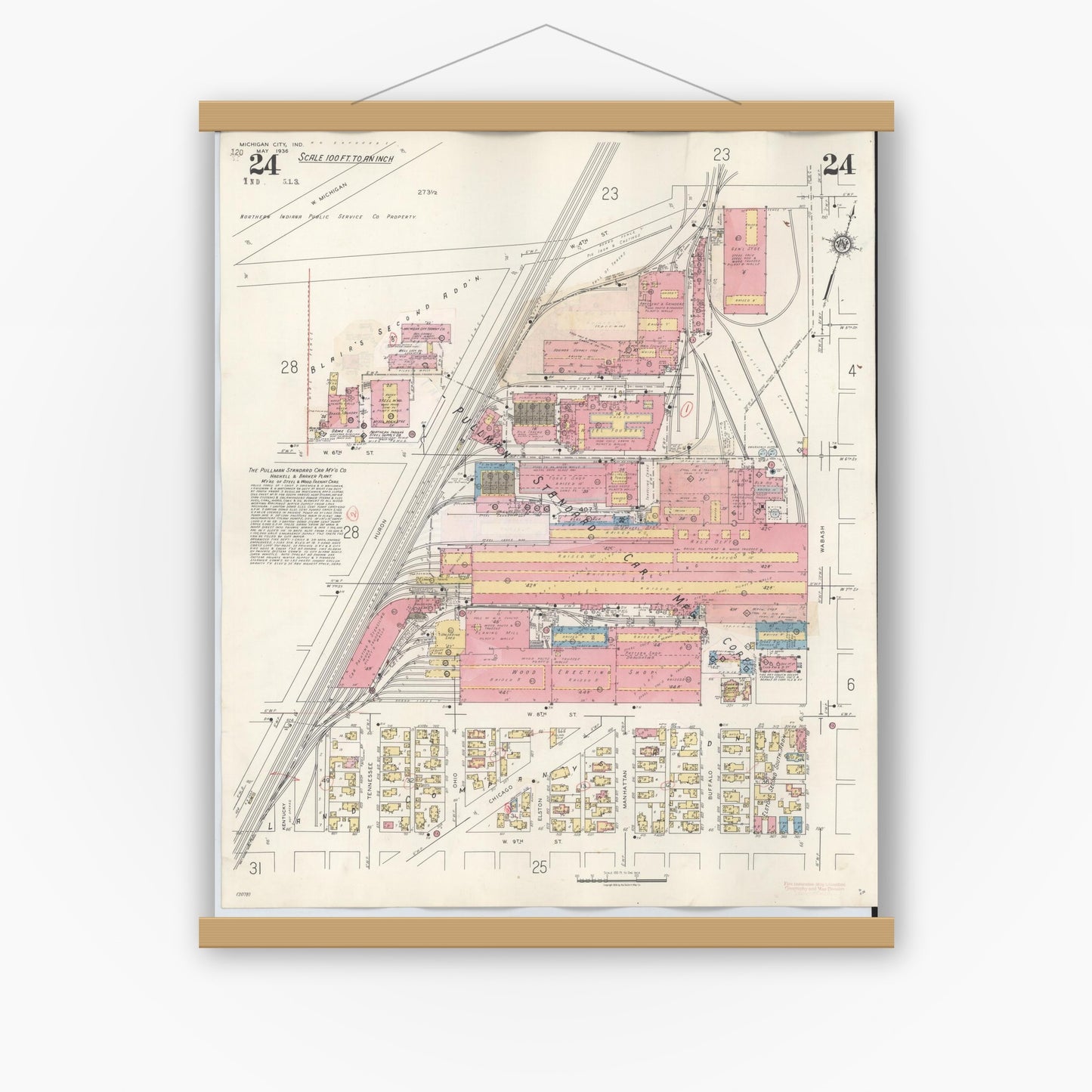 Old map wall art mockup — magnetic wood frame on white wall — Sanborn Fire Insurance Map from Michigan City, La Porte County, Indiana (1948), Sheet #0024