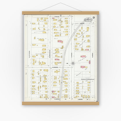 Old map wall art mockup — magnetic wood frame on white wall — Sanborn Fire Insurance Map from Bloomington, McLean County, Illinois (1901), Sheet #0009