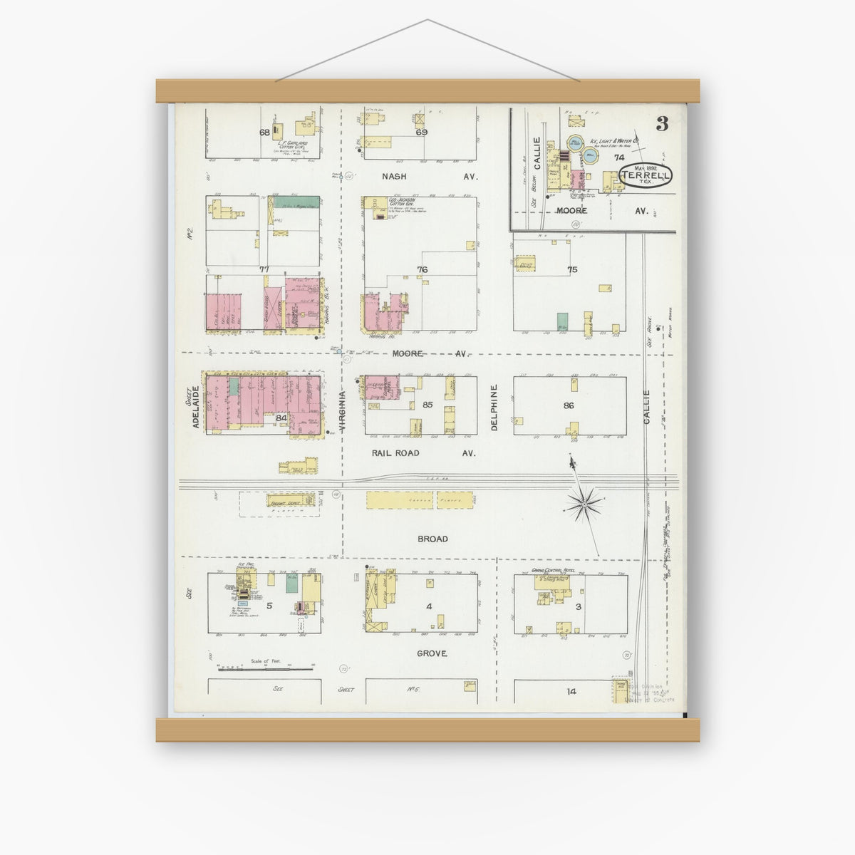 Old map wall art mockup — magnetic wood frame on white wall — Sanborn Fire Insurance Map from Terrell, Kaufman County, Texas (1892), Sheet #0003