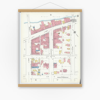 Old map wall art mockup — magnetic wood frame on white wall — Sanborn Fire Insurance Map from Monroe, Monroe County, Michigan (1916), Sheet #0003