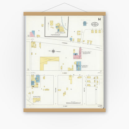 Old map wall art mockup — magnetic wood frame on white wall — Sanborn Fire Insurance Map from Wabash, Wabash County, Indiana (1910), Sheet #0014