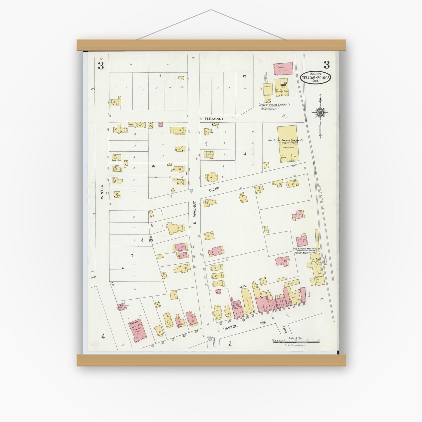 Old map wall art mockup — magnetic wood frame on white wall — Sanborn Fire Insurance Map from Yellow Springs, Greene County, Ohio (1924), Sheet #0003