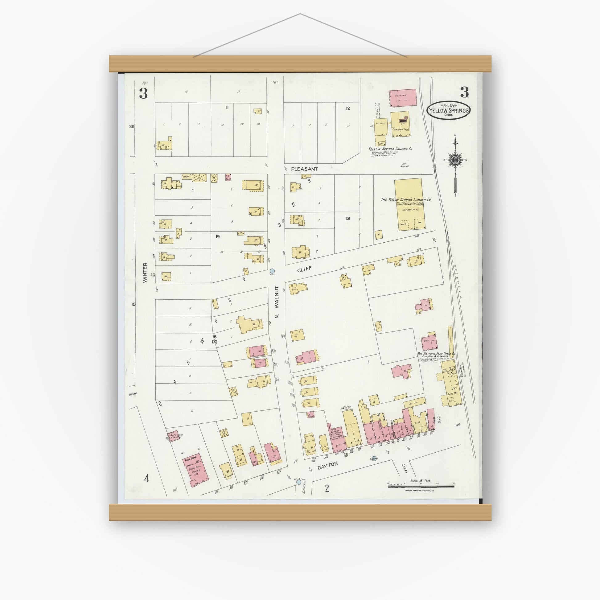 Old map wall art mockup — magnetic wood frame on white wall — Sanborn Fire Insurance Map from Yellow Springs, Greene County, Ohio (1924), Sheet #0003