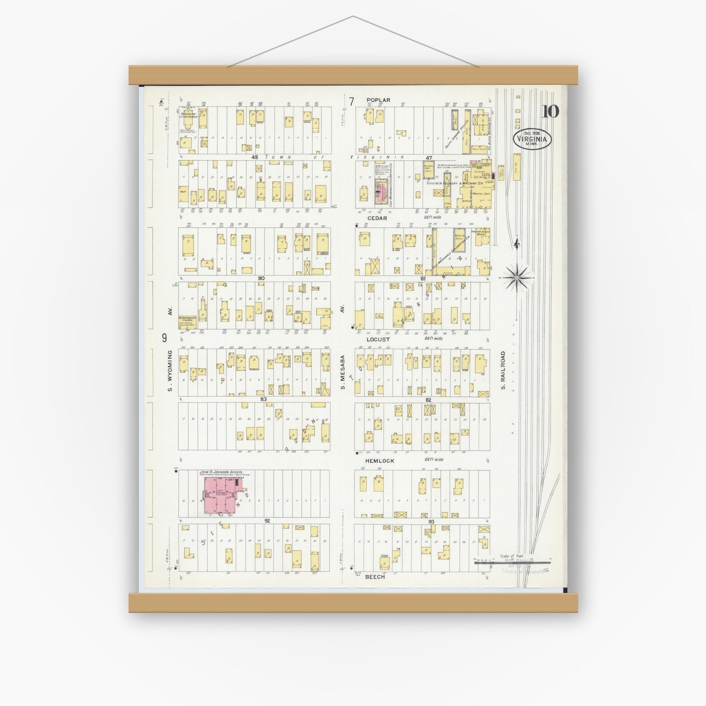 Old map wall art mockup — magnetic wood frame on white wall — Sanborn Fire Insurance Map from Virginia, Saint Louis County, Minnesota (1908), Sheet #0010