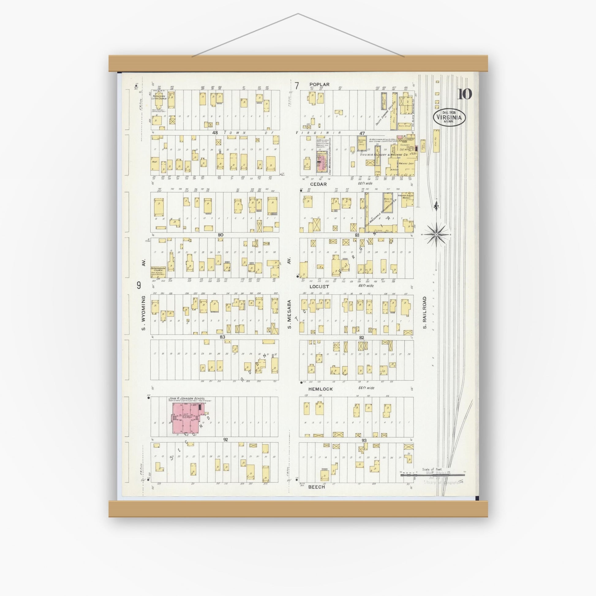 Old map wall art mockup — magnetic wood frame on white wall — Sanborn Fire Insurance Map from Virginia, Saint Louis County, Minnesota (1908), Sheet #0010