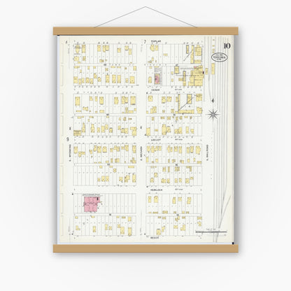 Old map wall art mockup — magnetic wood frame on white wall — Sanborn Fire Insurance Map from Virginia, Saint Louis County, Minnesota (1908), Sheet #0010