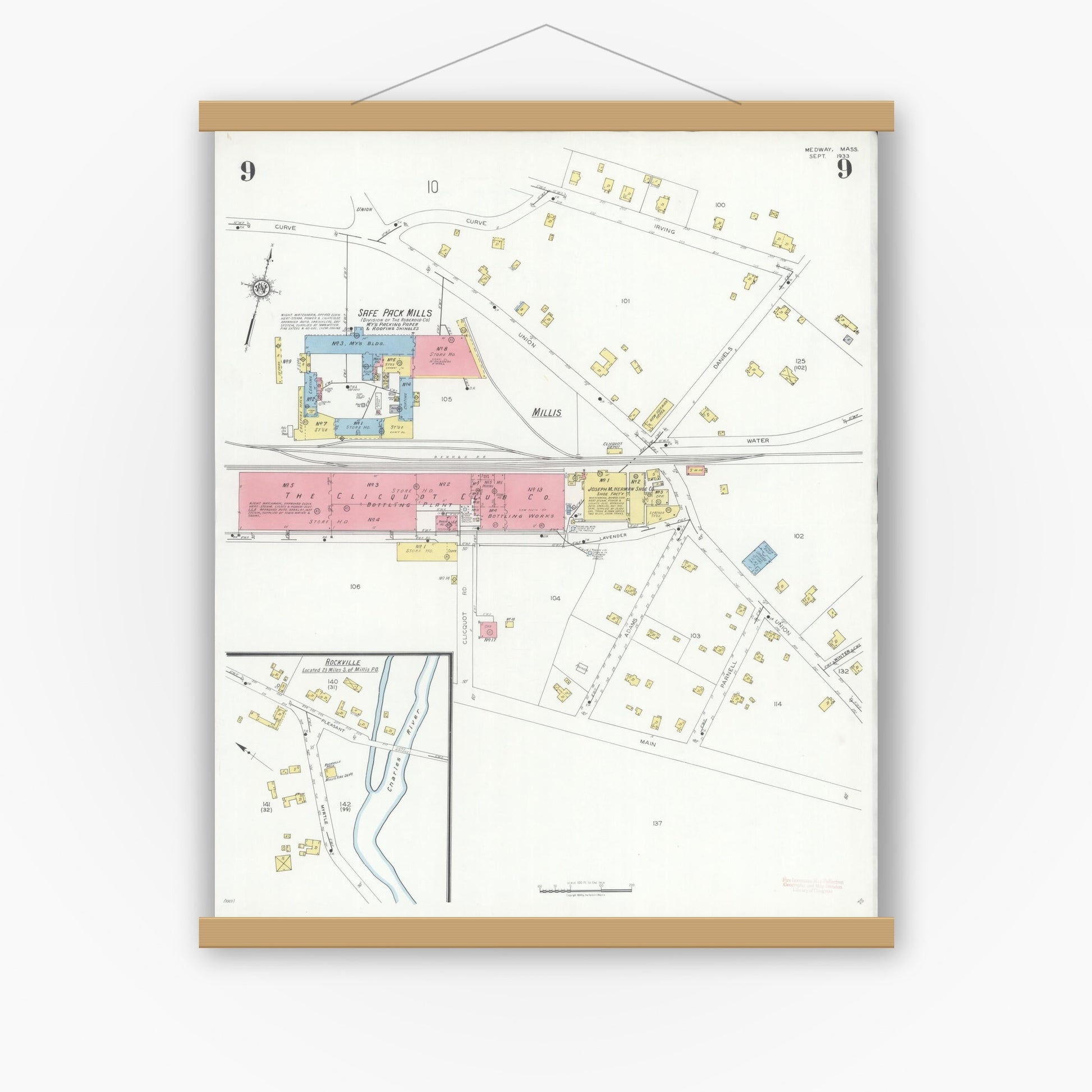 Old map wall art mockup — magnetic wood frame on white wall — Sanborn Fire Insurance Map from Medway, Norfolk County, Massachusetts (1933), Sheet #0009
