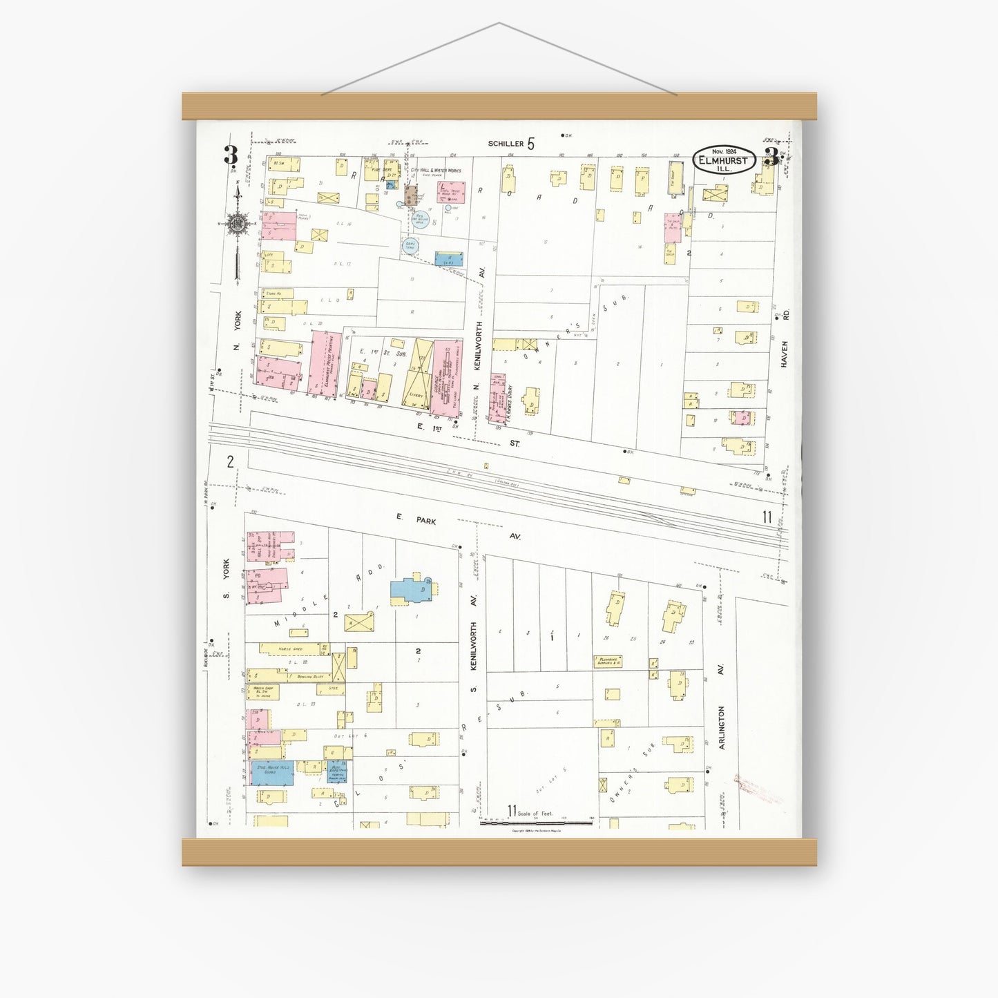 Old map wall art mockup — magnetic wood frame on white wall — Sanborn Fire Insurance Map from Elmhurst, Du Page County, Illinois (1924), Sheet #0003