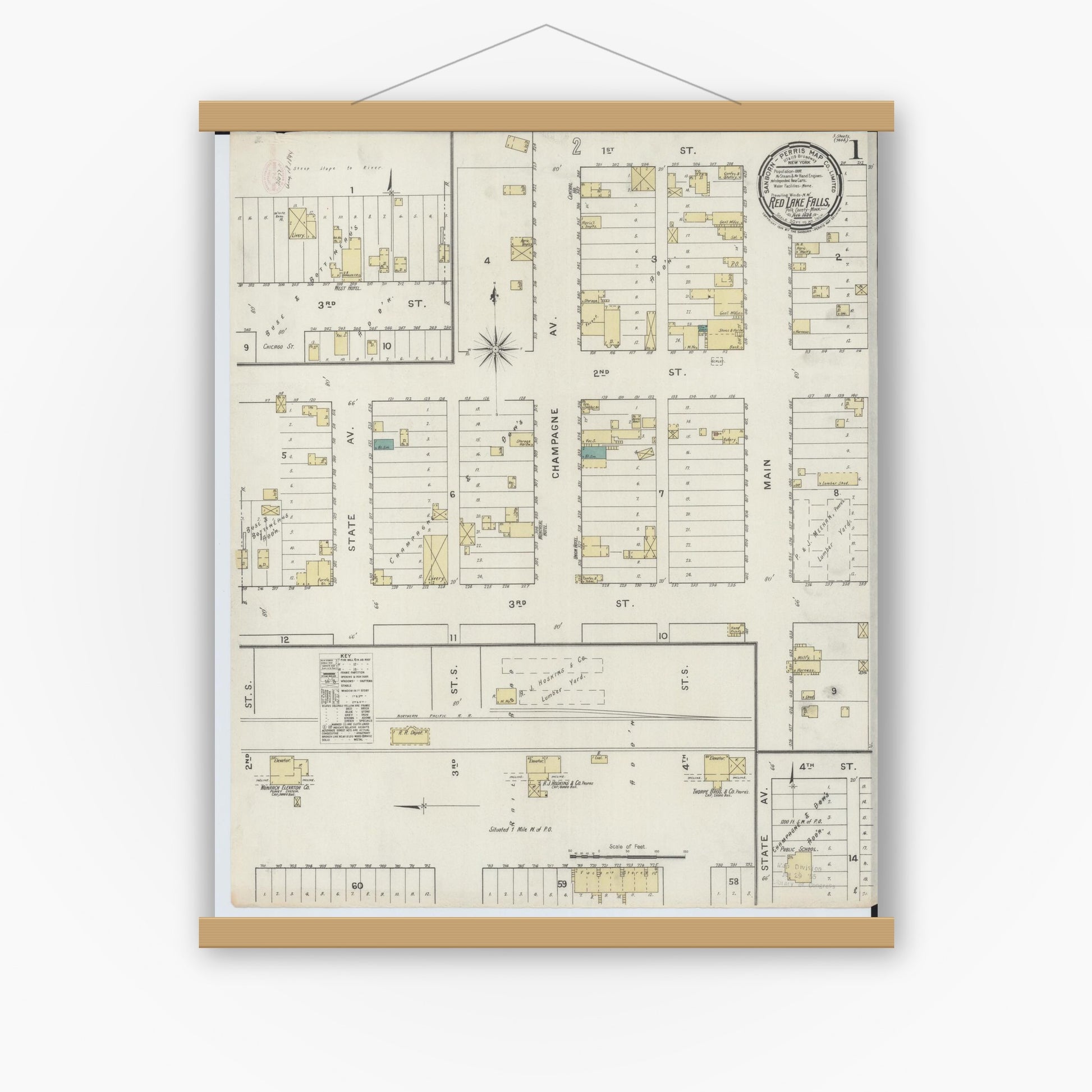 Old map wall art mockup — magnetic wood frame on white wall — Sanborn Fire Insurance Map from Red Lake Falls, Red Lake County, Minnesota (1894), Sheet #0001
