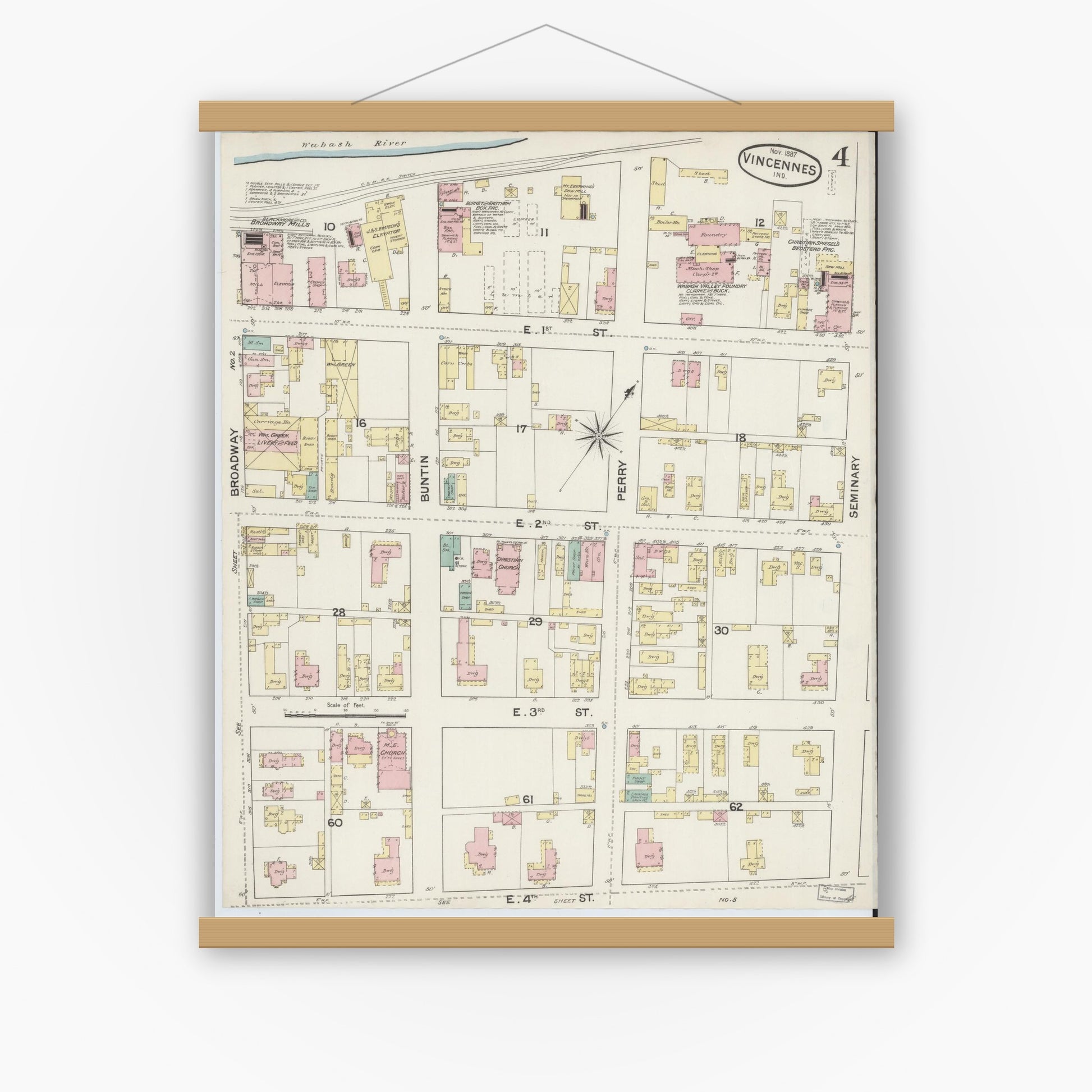 Old map wall art mockup — magnetic wood frame on white wall — Sanborn Fire Insurance Map from Vincennes, Knox County, Indiana (1887), Sheet #0004