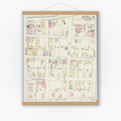 Old map wall art mockup — magnetic wood frame on white wall — Sanborn Fire Insurance Map from Vincennes, Knox County, Indiana (1887), Sheet #0004