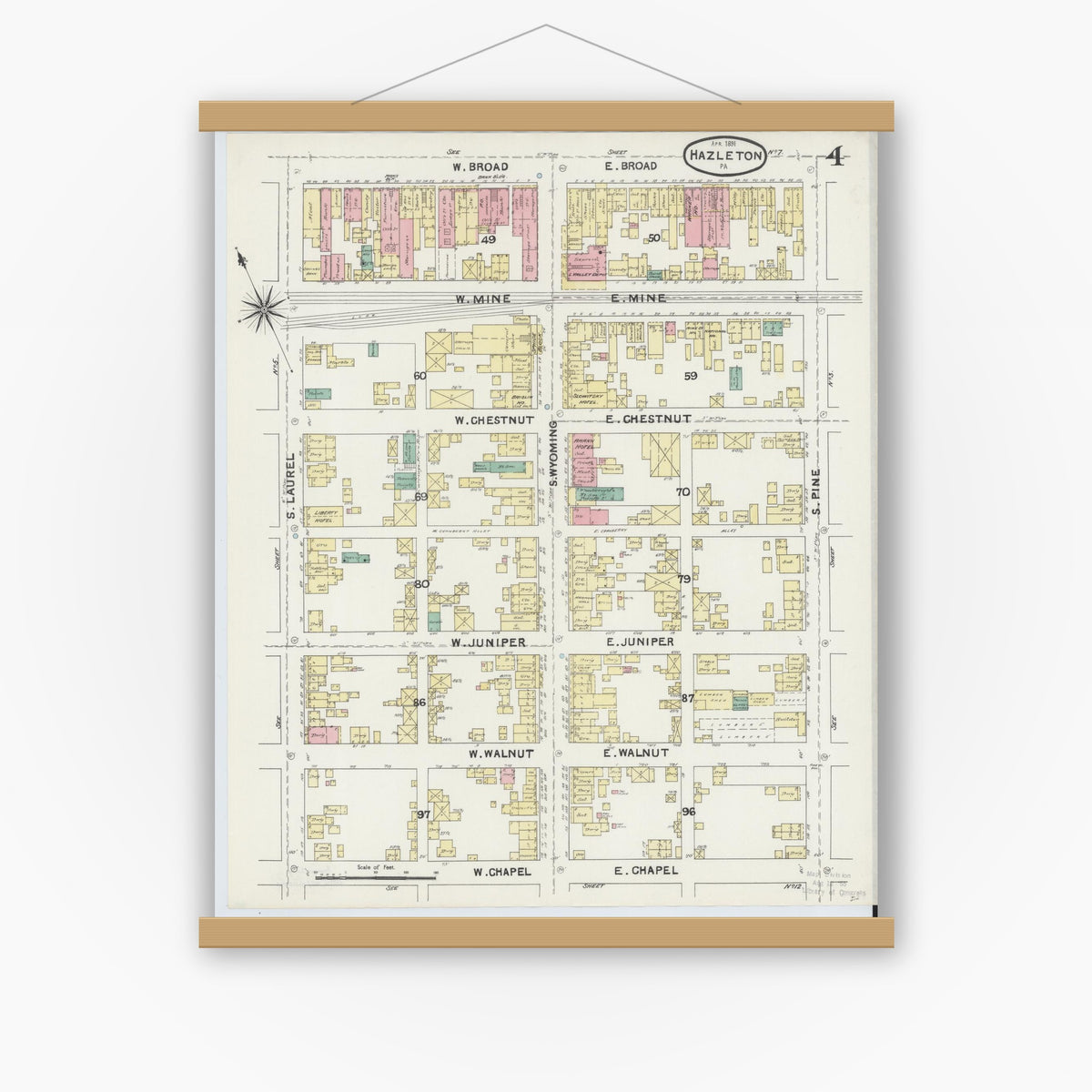 Old map wall art mockup — magnetic wood frame on white wall — Sanborn Fire Insurance Map from Hazleton, Luzerne County, Pennsylvania (1891), Sheet #0004