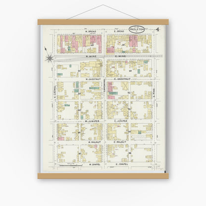 Old map wall art mockup — magnetic wood frame on white wall — Sanborn Fire Insurance Map from Hazleton, Luzerne County, Pennsylvania (1891), Sheet #0004