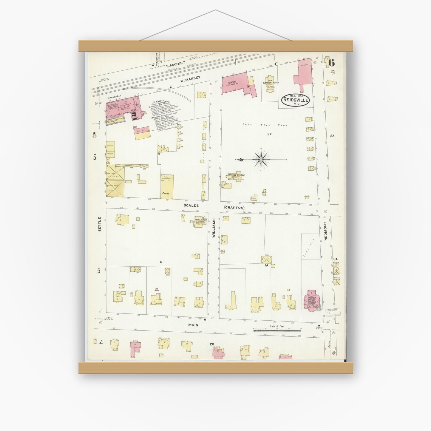 Old map wall art mockup — magnetic wood frame on white wall — Sanborn Fire Insurance Map from Reidsville, Rockingham County, North Carolina (1908), Sheet #0006