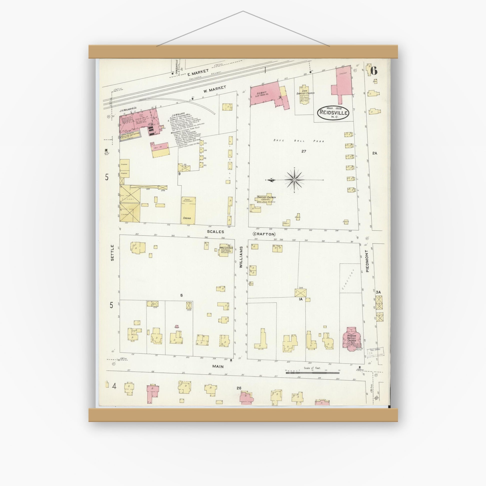 Old map wall art mockup — magnetic wood frame on white wall — Sanborn Fire Insurance Map from Reidsville, Rockingham County, North Carolina (1908), Sheet #0006