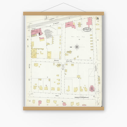 Old map wall art mockup — magnetic wood frame on white wall — Sanborn Fire Insurance Map from Reidsville, Rockingham County, North Carolina (1908), Sheet #0006