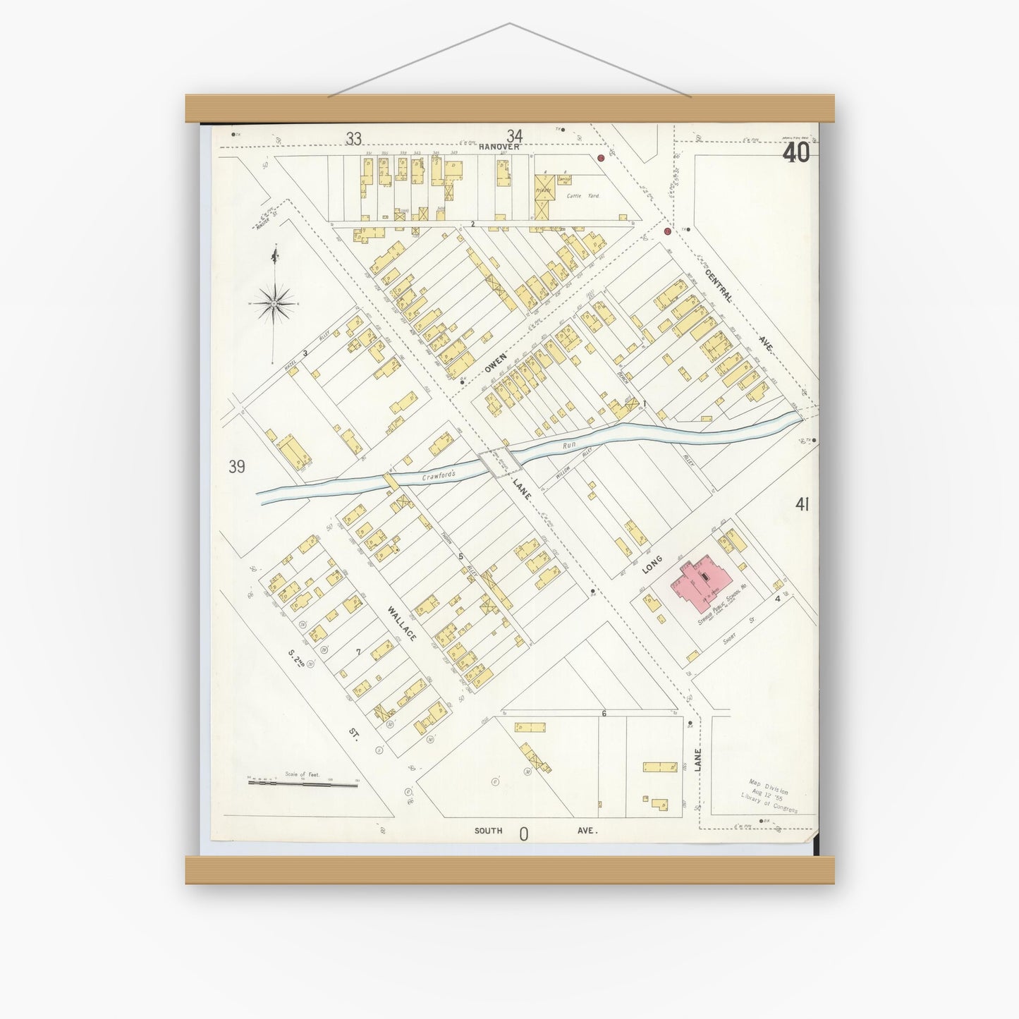 Old map wall art mockup — magnetic wood frame on white wall — Sanborn Fire Insurance Map from Hamilton, Butler County, Ohio (1899), Sheet #0040