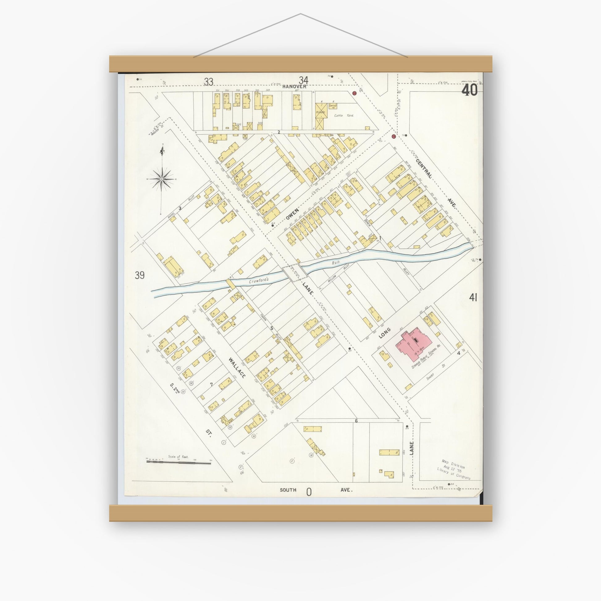 Old map wall art mockup — magnetic wood frame on white wall — Sanborn Fire Insurance Map from Hamilton, Butler County, Ohio (1899), Sheet #0040
