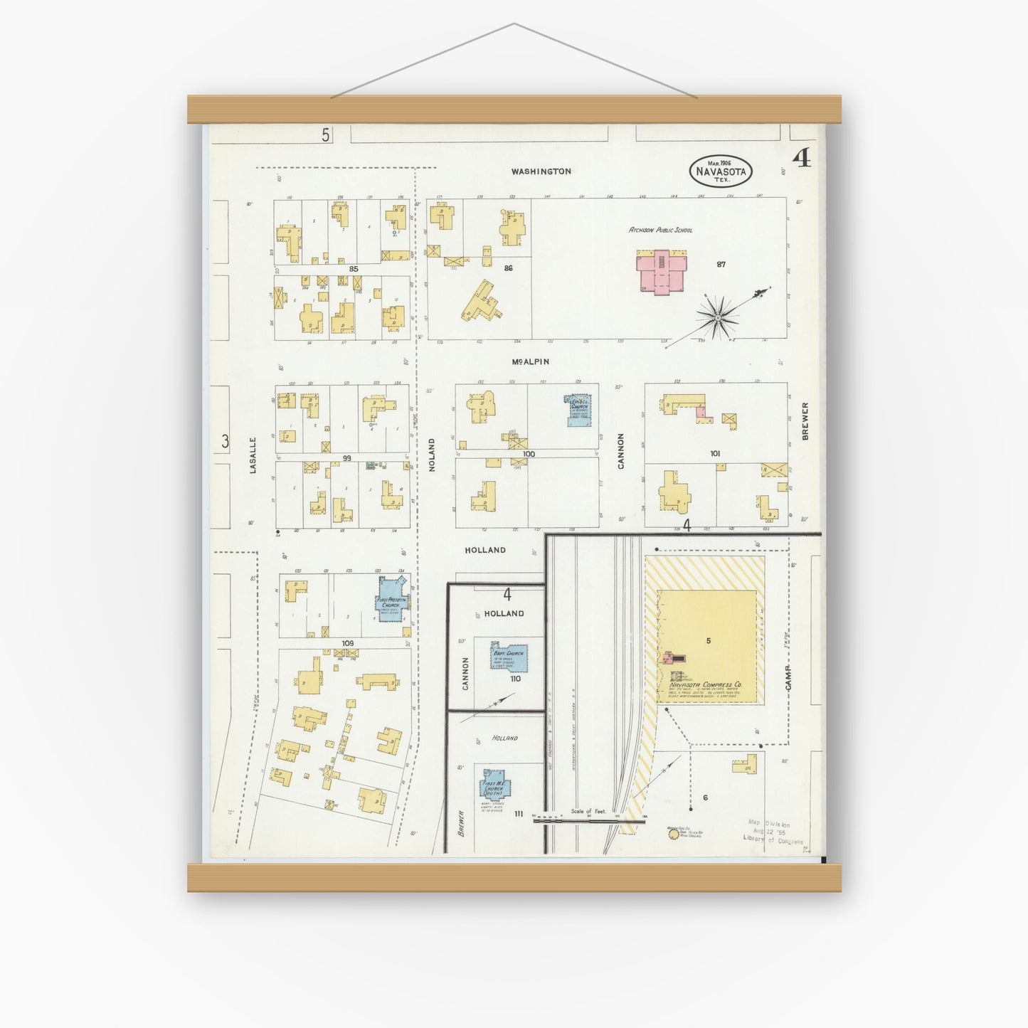 Old map wall art mockup — magnetic wood frame on white wall — Sanborn Fire Insurance Map from Navasota, Grimes County, Texas (1906), Sheet #0004