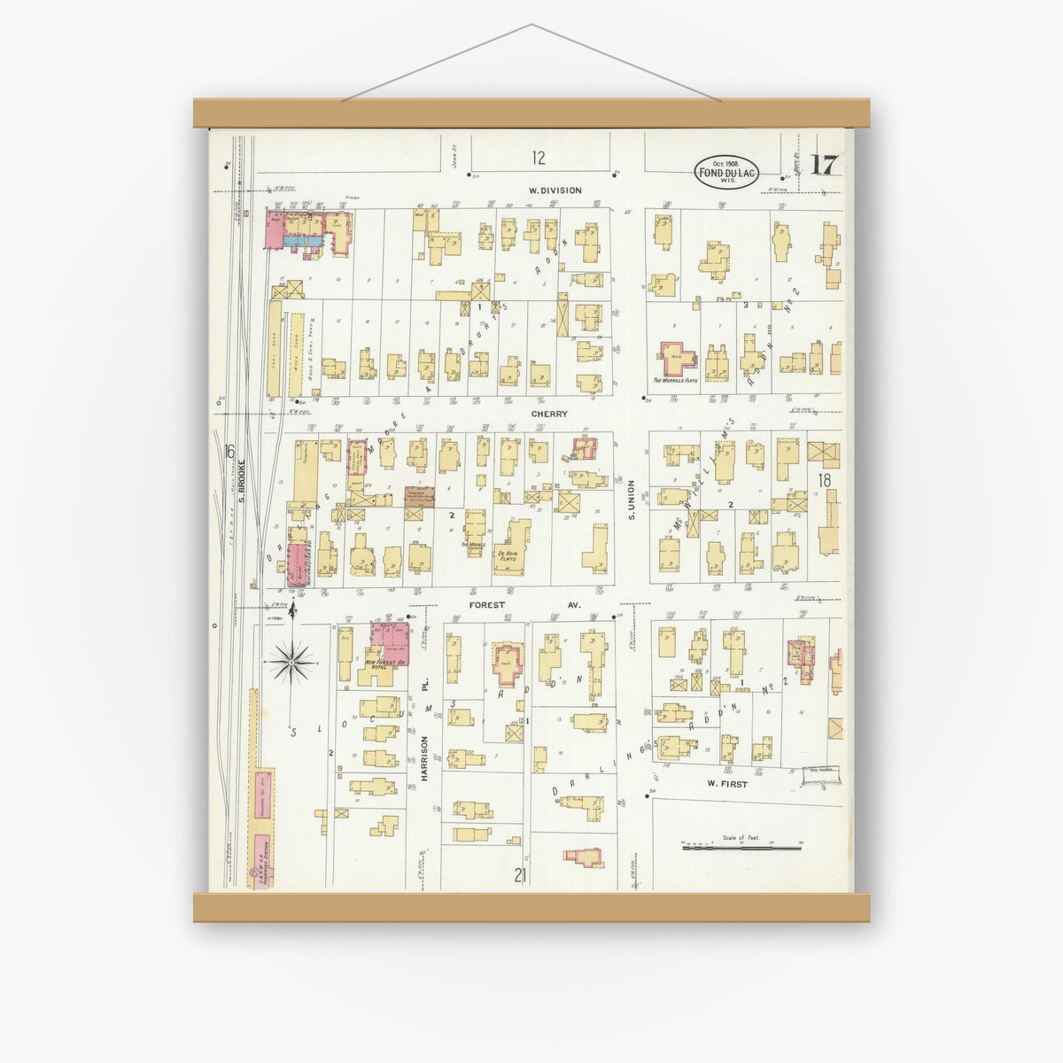 Old map wall art mockup — magnetic wood frame on white wall — Sanborn Fire Insurance Map from Fond du Lac, Fond du Lac County, Wisconsin (1908), Sheet #0017