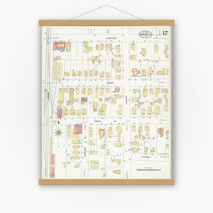 Old map wall art mockup — magnetic wood frame on white wall — Sanborn Fire Insurance Map from Fond du Lac, Fond du Lac County, Wisconsin (1908), Sheet #0017