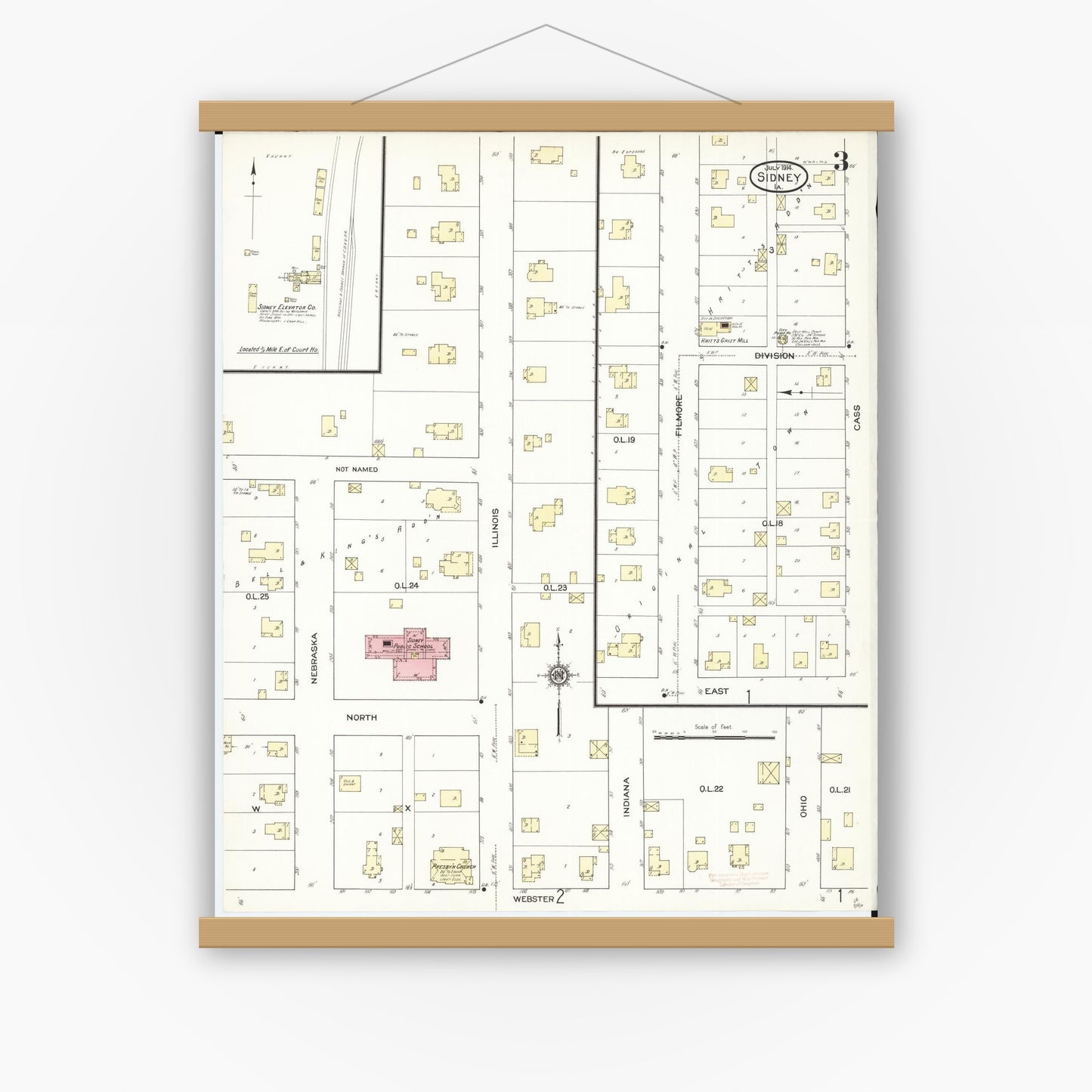 Old map wall art mockup — magnetic wood frame on white wall — Sanborn Fire Insurance Map from Sidney, Fremont County, Iowa (1914), Sheet #0003