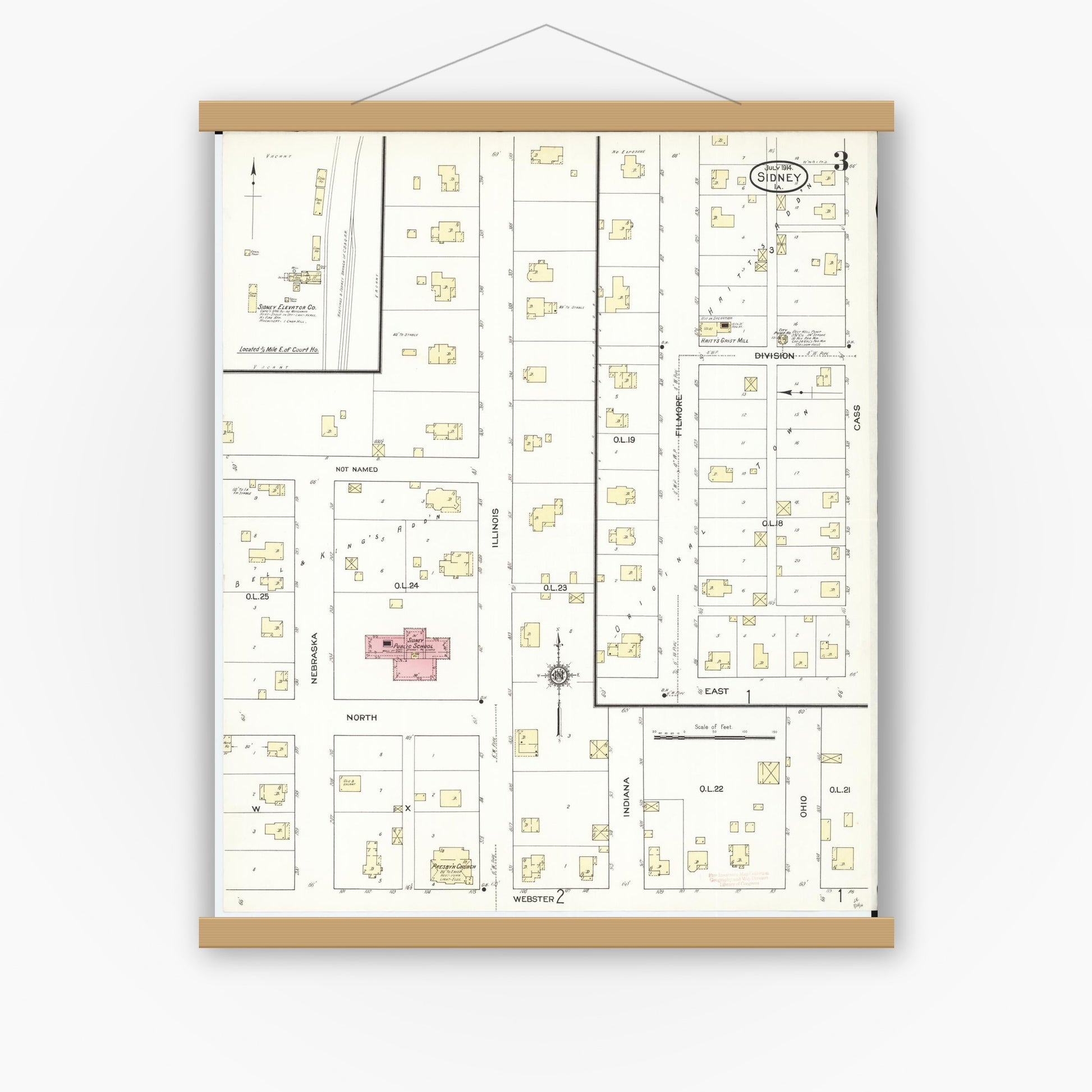 Old map wall art mockup — magnetic wood frame on white wall — Sanborn Fire Insurance Map from Sidney, Fremont County, Iowa (1914), Sheet #0003