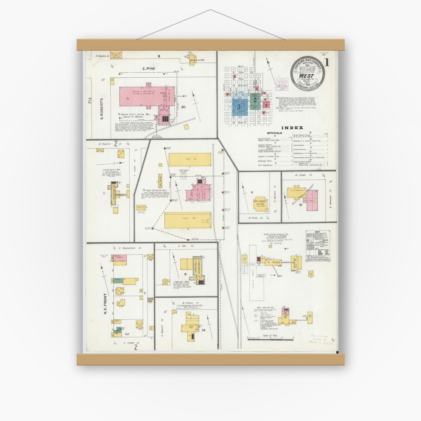 Old map wall art mockup — magnetic wood frame on white wall — Sanborn Fire Insurance Map from West, McLennan County, Texas (1905) - Complete Map Set