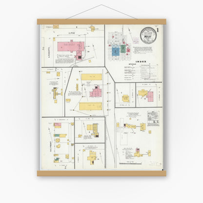 Old map wall art mockup — magnetic wood frame on white wall — Sanborn Fire Insurance Map from West, McLennan County, Texas (1905) - Complete Map Set