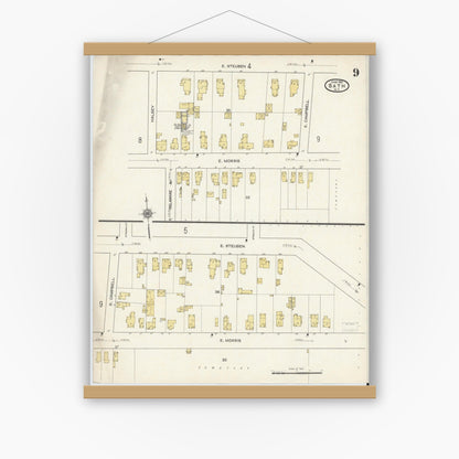 Old map wall art mockup — magnetic wood frame on white wall — Sanborn Fire Insurance Map from Bath, Steuben County, New York (1915), Sheet #0009