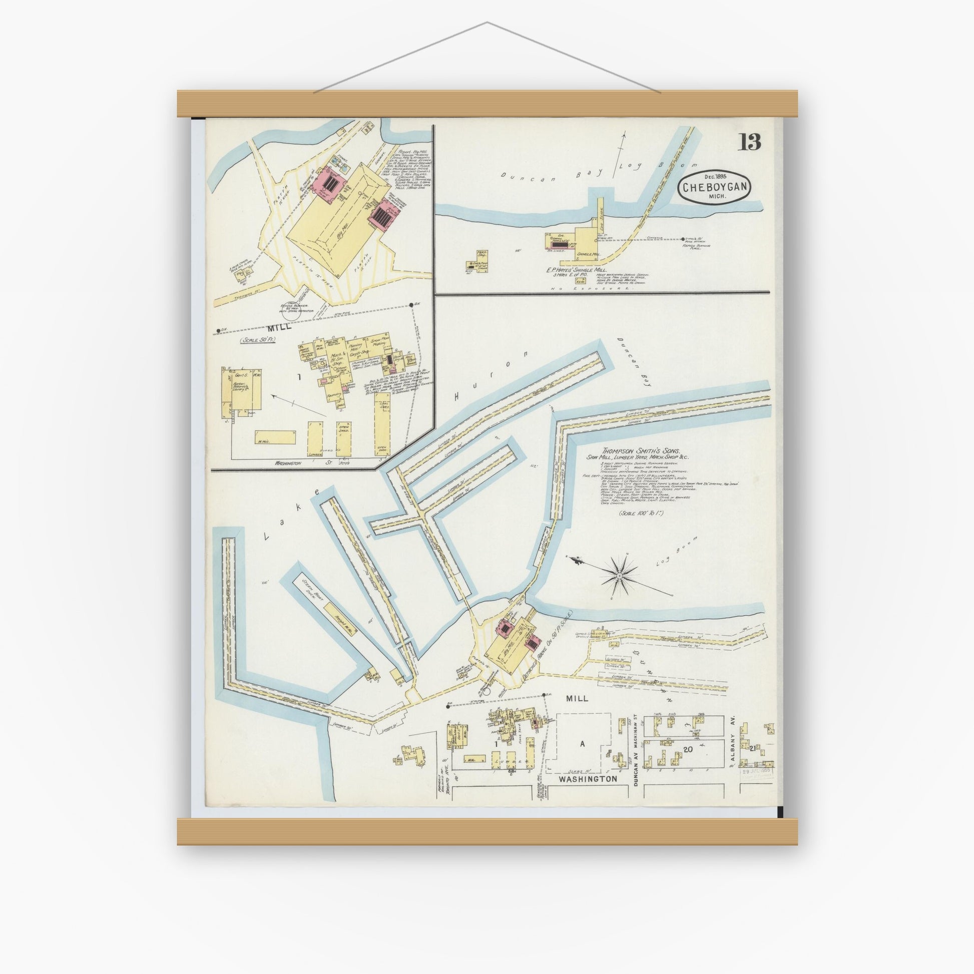 Old map wall art mockup — magnetic wood frame on white wall — Sanborn Fire Insurance Map from Cheboygan, Cheboygan County, Michigan (1895), Sheet #0013