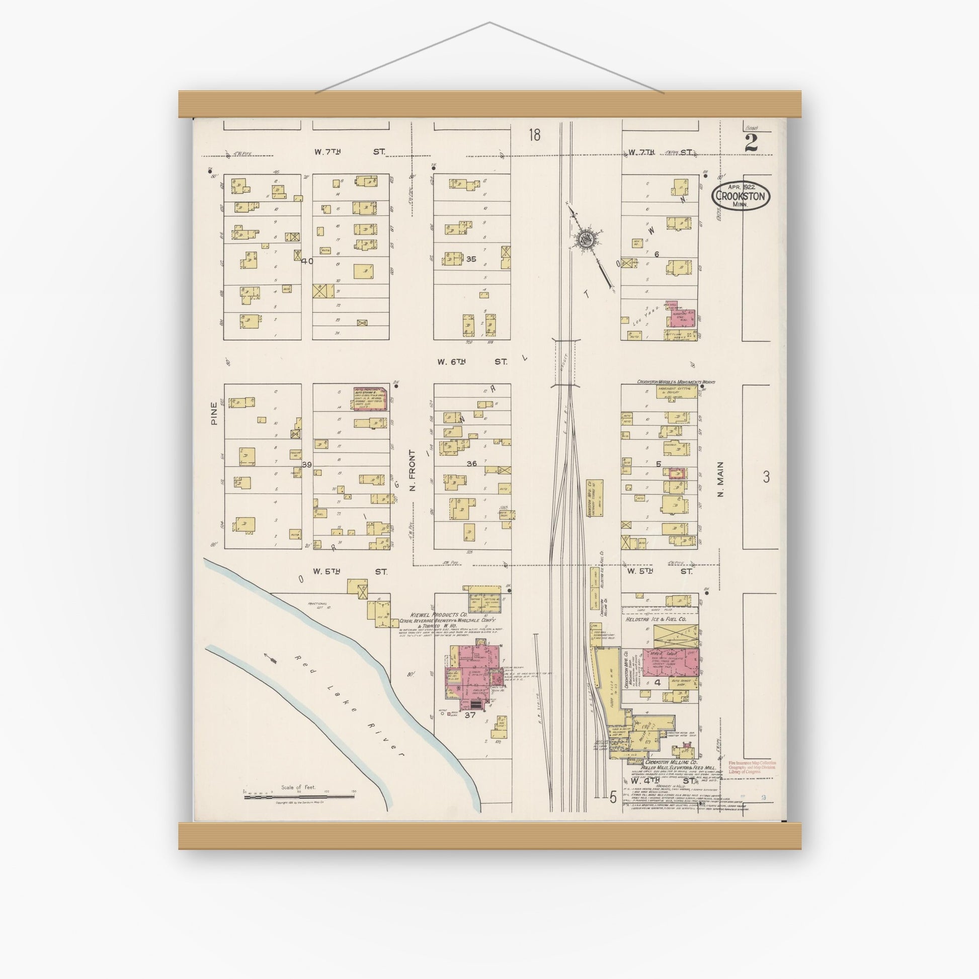 Old map wall art mockup — magnetic wood frame on white wall — Sanborn Fire Insurance Map from Crookston, Polk County, Minnesota (1922), Sheet #0002