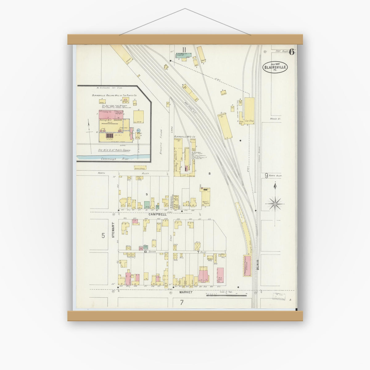 Old map wall art mockup — magnetic wood frame on white wall — Sanborn Fire Insurance Map from Blairsville, Indiana County, Pennsylvania (1897), Sheet #0006