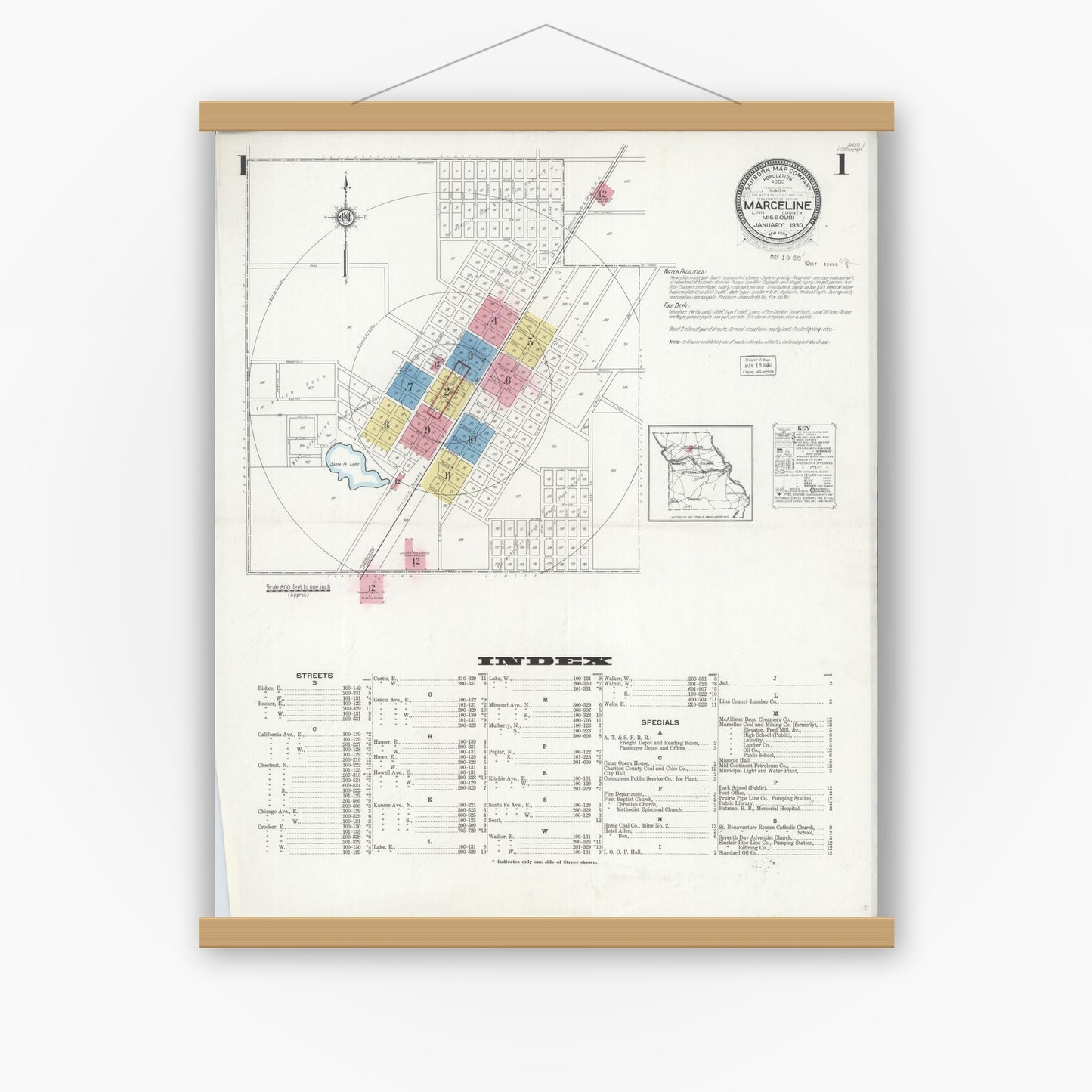Old map wall art mockup — magnetic wood frame on white wall — Sanborn Fire Insurance Map from Marceline, Linn County, Missouri (1930) - Complete Map Set