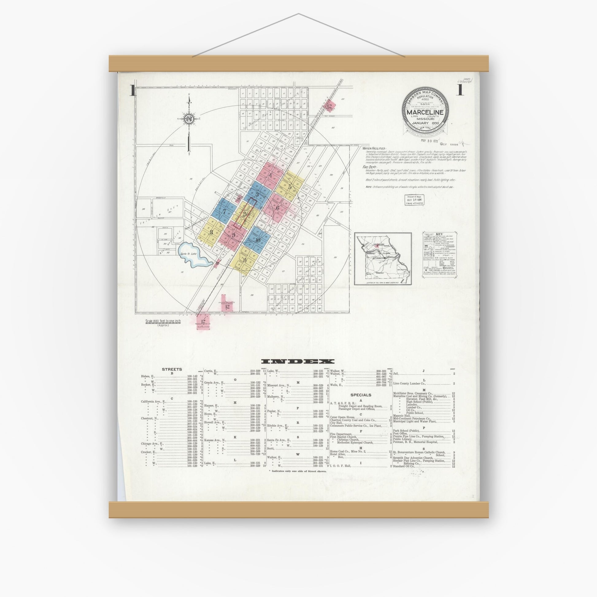 Old map wall art mockup — magnetic wood frame on white wall — Sanborn Fire Insurance Map from Marceline, Linn County, Missouri (1930) - Complete Map Set
