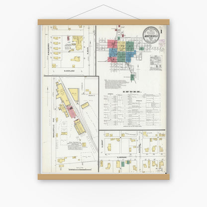 Old map wall art mockup — magnetic wood frame on white wall — Sanborn Fire Insurance Map from Martinsville, Morgan County, Indiana (1902), Sheet #0001