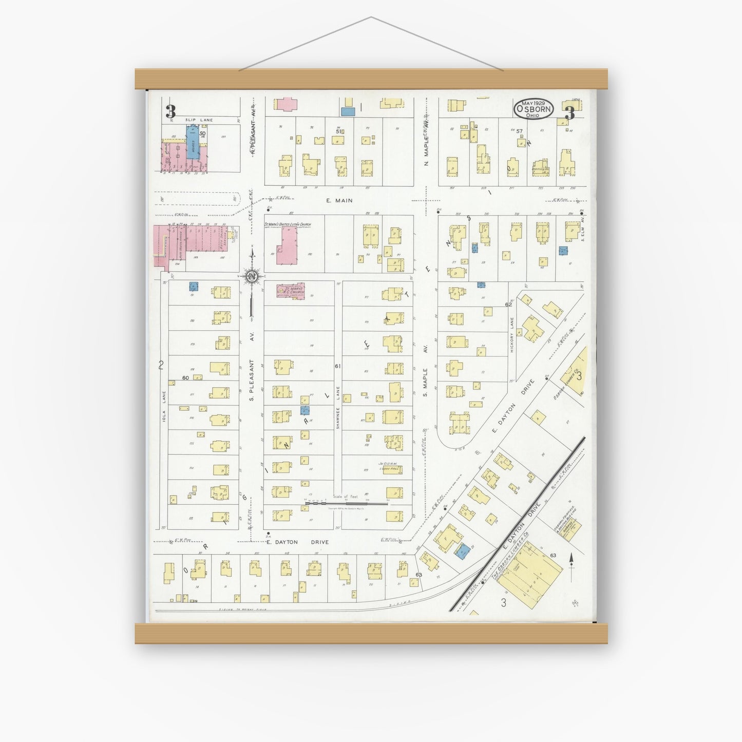 Old map wall art mockup — magnetic wood frame on white wall — Sanborn Fire Insurance Map from Osborn, Greene County, Ohio (1929), Sheet #0003