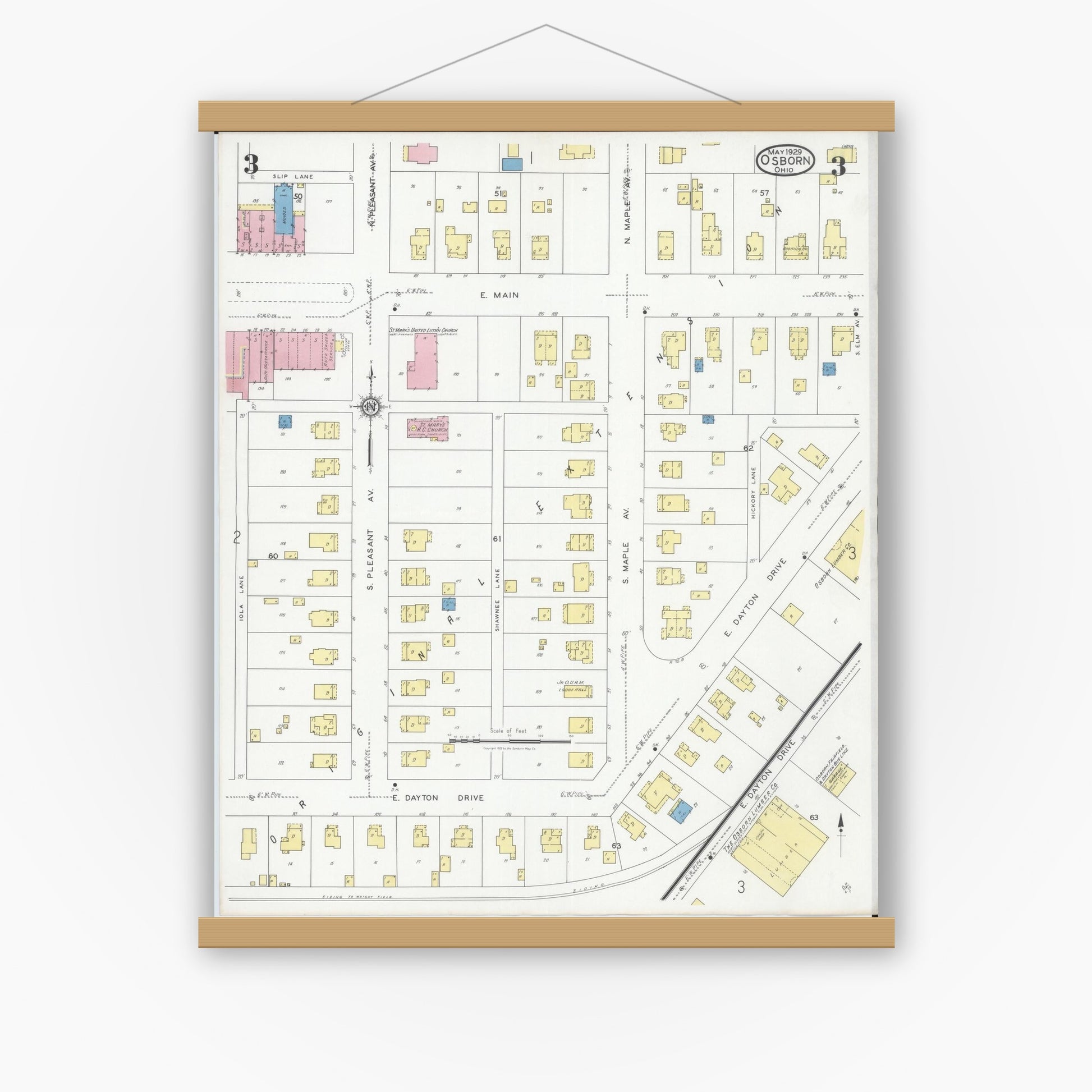 Old map wall art mockup — magnetic wood frame on white wall — Sanborn Fire Insurance Map from Osborn, Greene County, Ohio (1929), Sheet #0003
